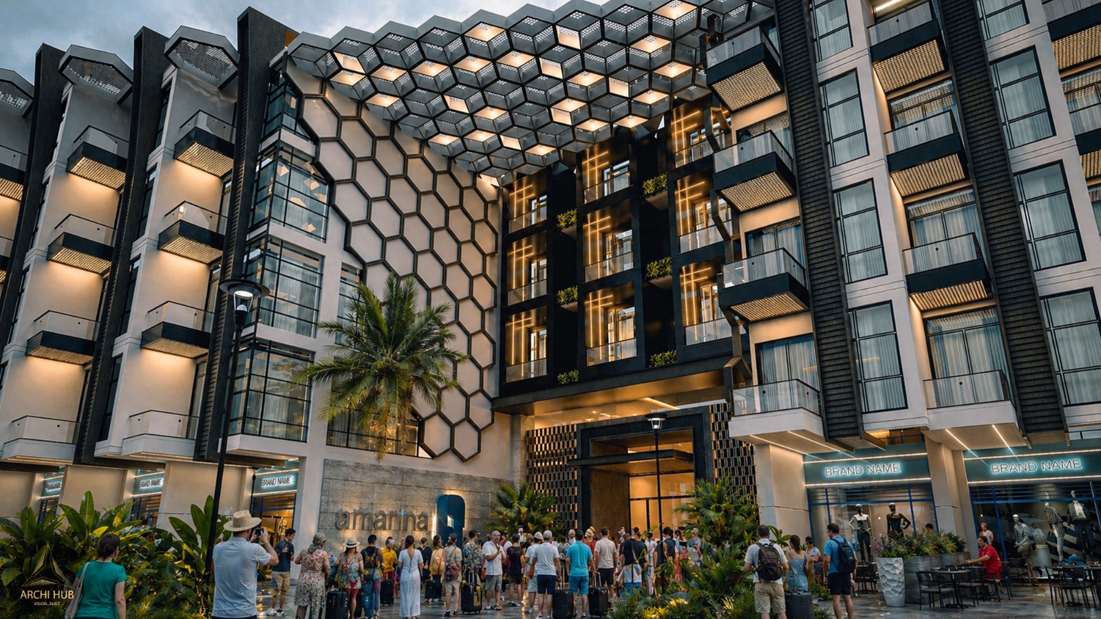 A Marina Blue geometric facade architectural visualization