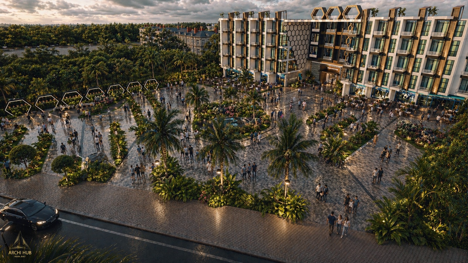 A Marina Blue aerial plaza architectural visualization