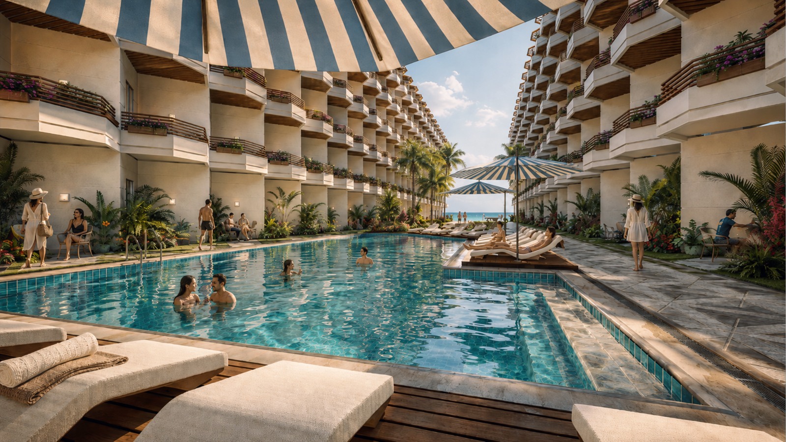 A Marina Blue central pool architectural visualization