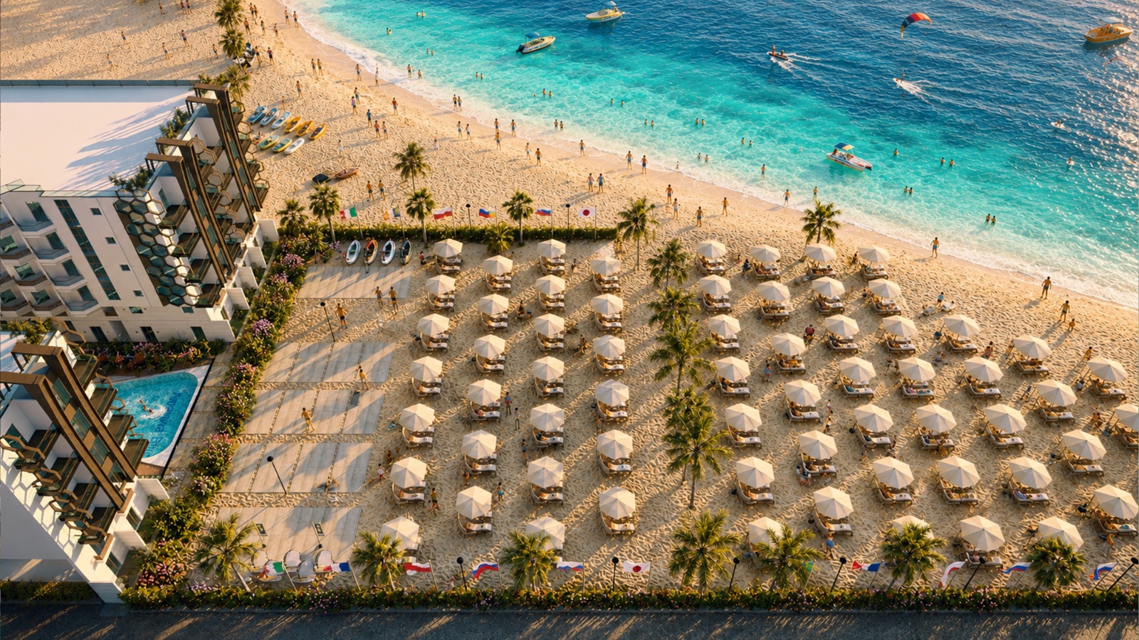 A Marina Blue aerial coastal architectural visualization