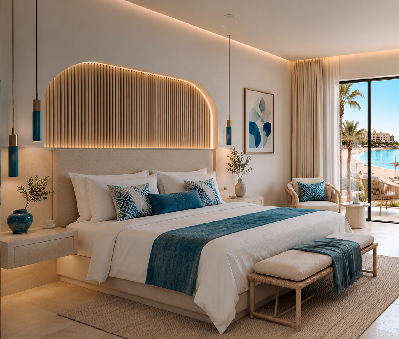 GLORIA Hurghada — Coastal bedroom with wood detailing and teal accents