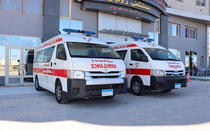 Royal Hospital ambulances parked outside the hospital entrance in Hurghada