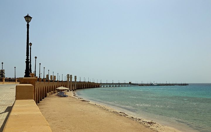 Open beachfront, sea and pier walkway in Sahl Hasheesh