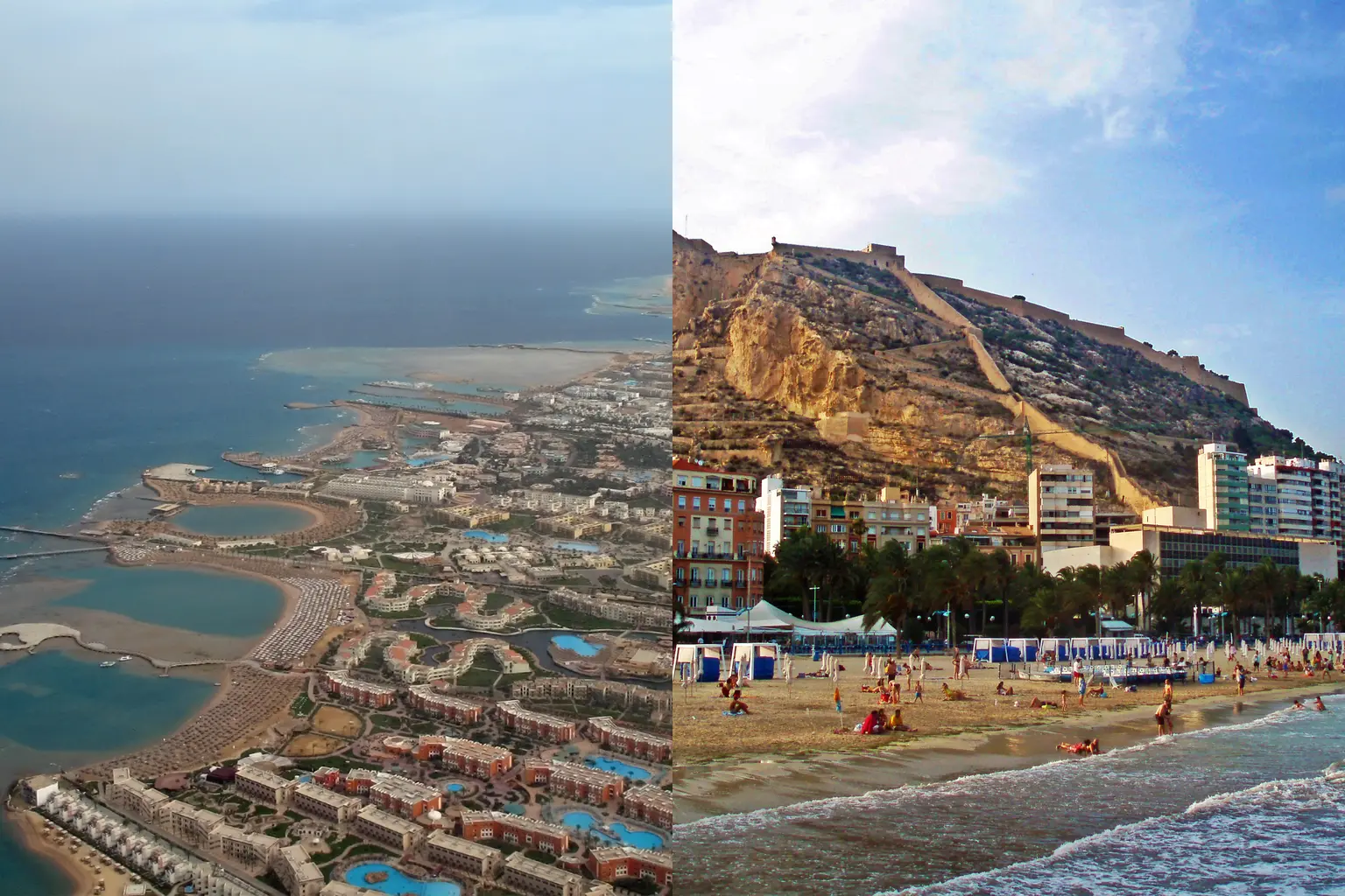 Split real photographs showing the Hurghada Red Sea coastline and Alicante with Santa Bárbara Castle and Postiguet Beach